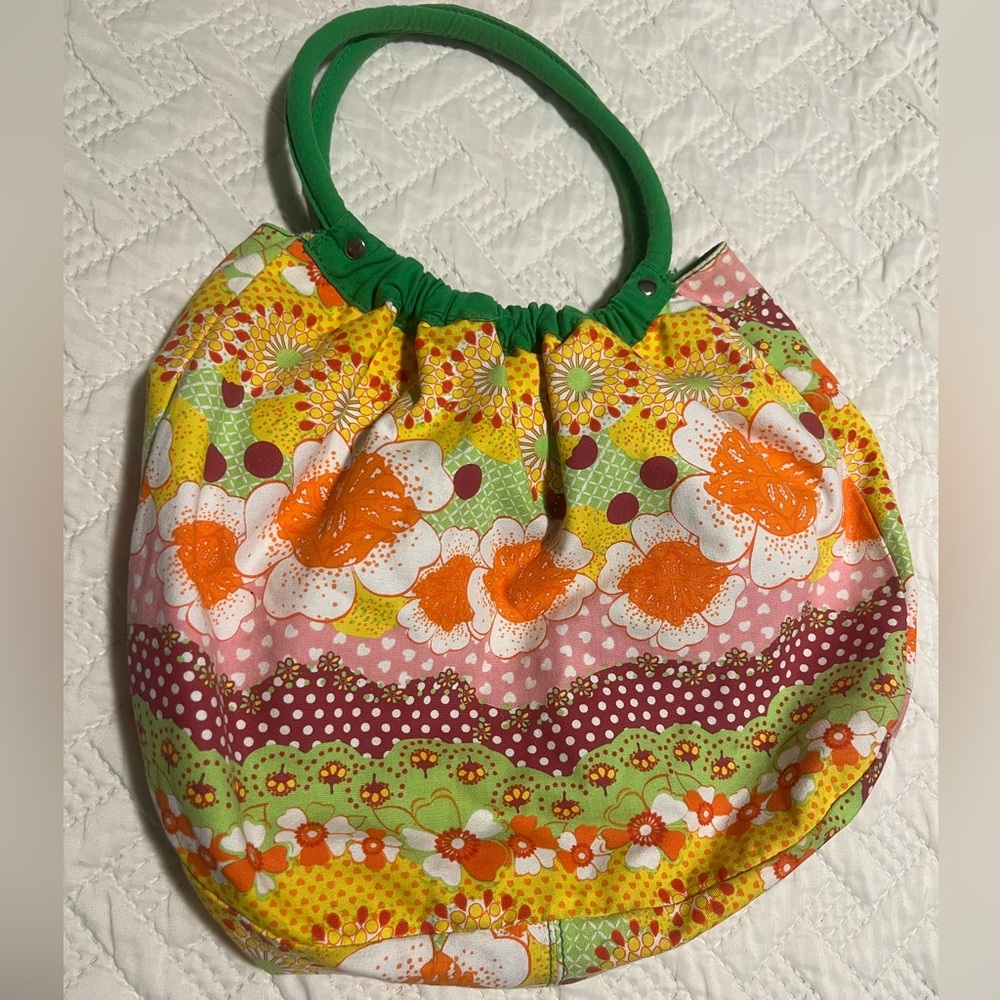 Floral Tote Bag with Green Handles